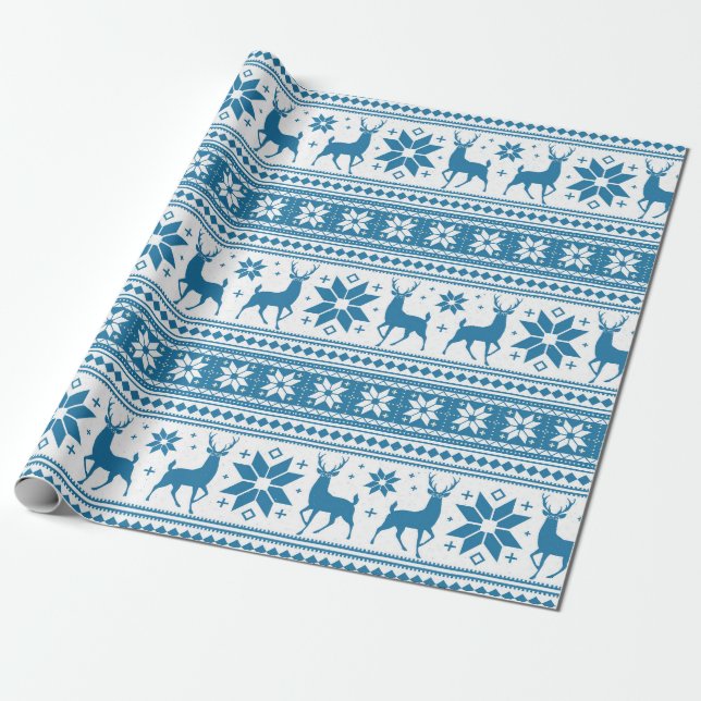 Winter Christmas Deer Blue Snowflake Pattern Wrapping Paper (Unrolled)