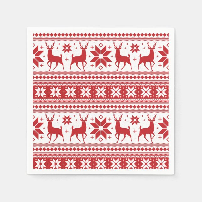 Winter Christmas Deer Red Snowflake Pattern Napkins (Front)