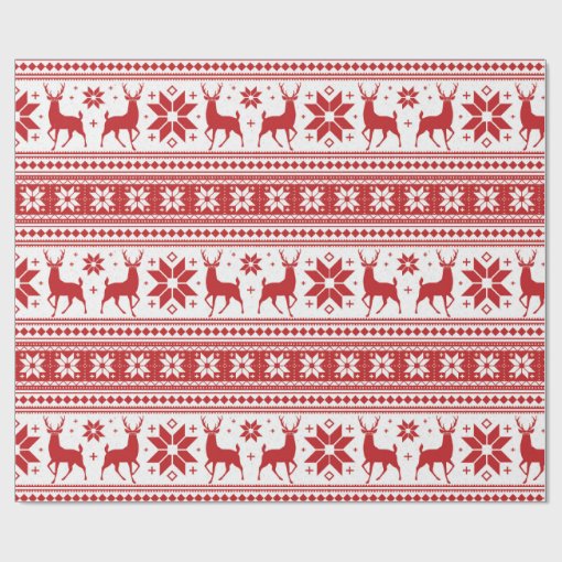 Winter Christmas Deer Red Snowflake Pattern Wrapping Paper | Zazzle