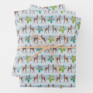 Winter Christmas Deer with Holly Retro Inspired Wrapping Paper Sheets