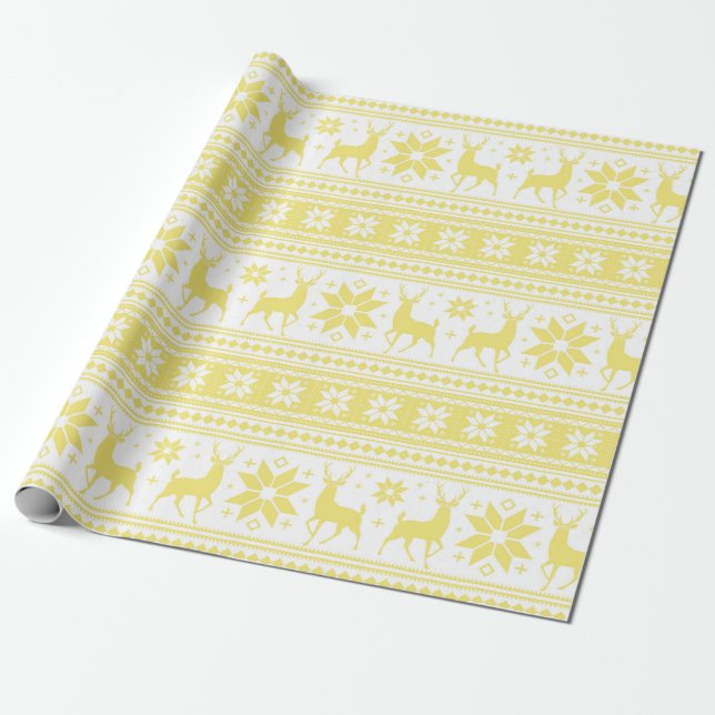Winter Christmas Deer Yellow Snowflake Pattern Wrapping Paper (Unrolled)