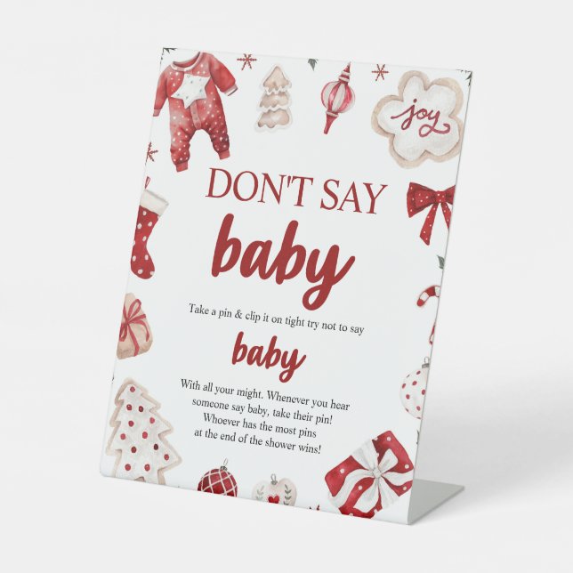Winter Christmas Don't Say Baby Baby Shower Game Pedestal Sign (Front)