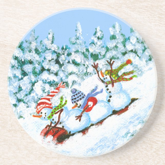 Winter Christmas drink coaster,snowmen Sandstone Coaster (Front)