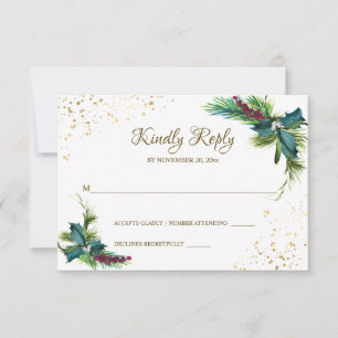 Winter Christmas Evergreen Holly Wedding RSVP Card