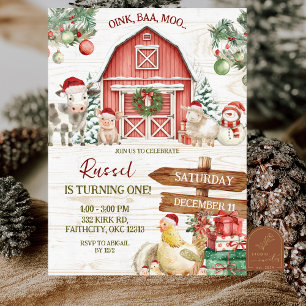Winter Christmas Farm Animal Birthday Invitation