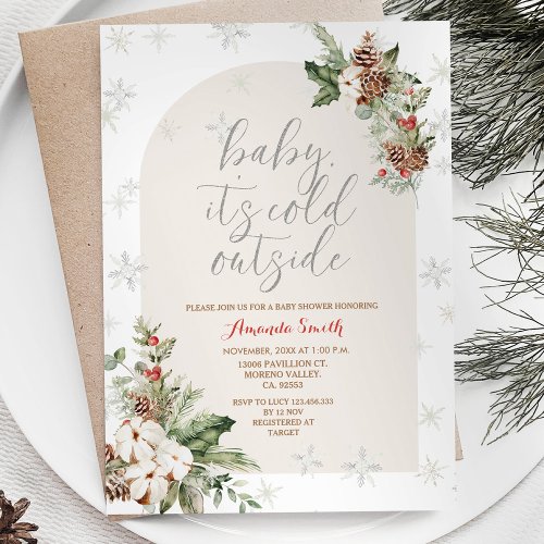 Winter Christmas Floral Cold Outside Baby Shower Invitation