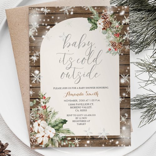 Winter Christmas Floral Cold Outside Baby Shower Invitation
