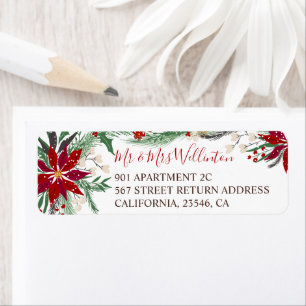 Winter Christmas floral green red wreath snow Label
