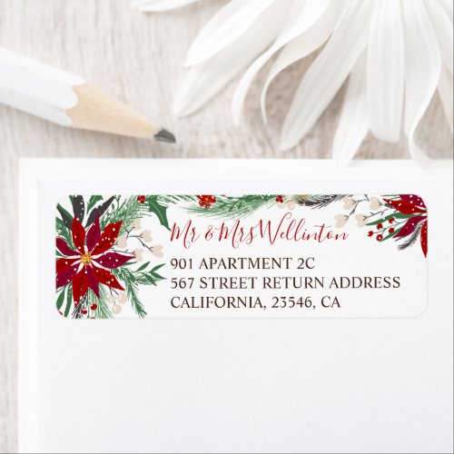 Winter Christmas floral green red wreath snow Label