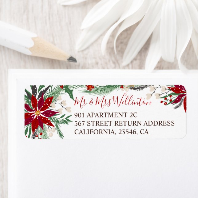 Winter Christmas floral green red wreath snow Label (Insitu)