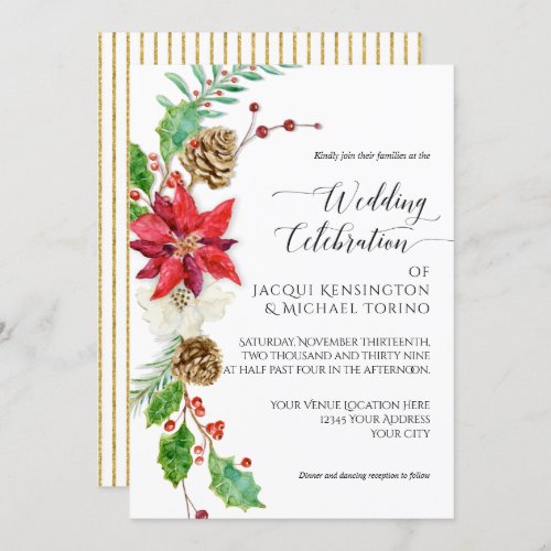 Winter Christmas Floral Red Gold Poinsettia Holly Invitation