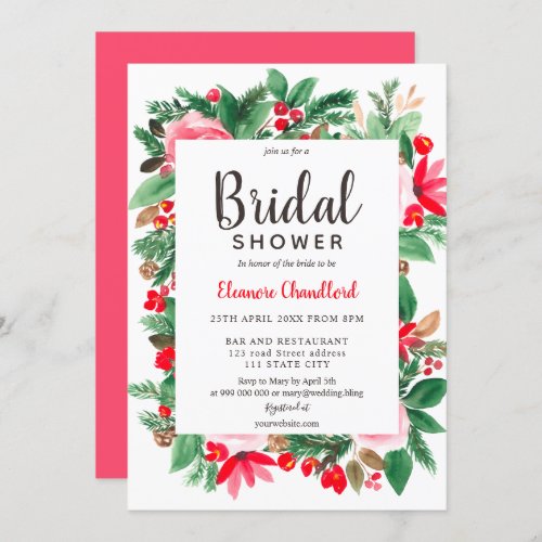 Winter Christmas floral watercolor bridal shower Invitation