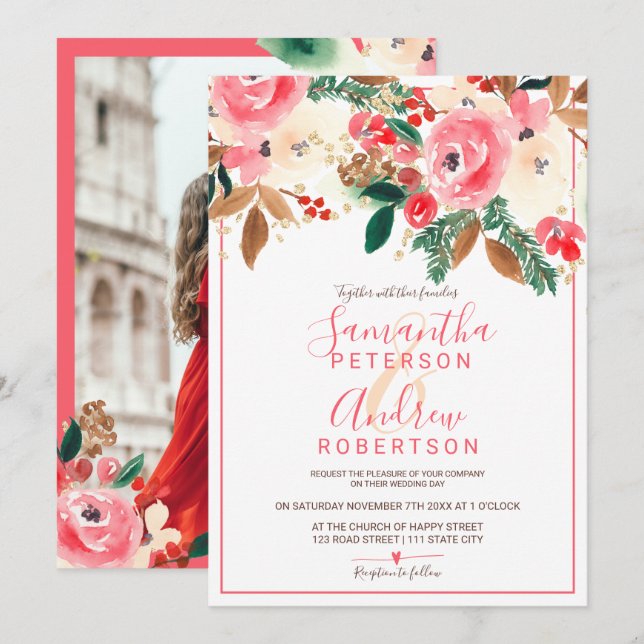 Winter Christmas floral Watercolor photo wedding Invitation (Front/Back)
