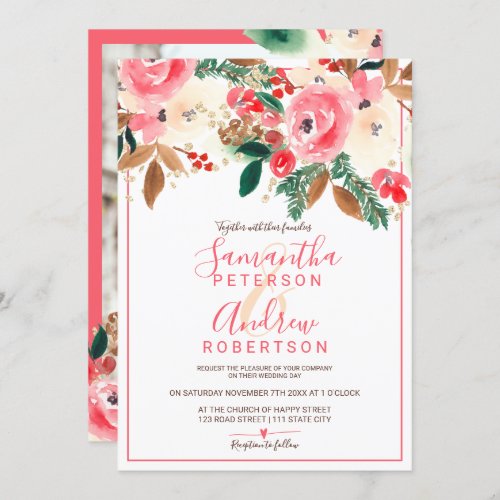 Winter Christmas floral Watercolor photo wedding Invitation