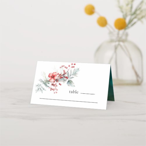 Winter Christmas Floral Watercolor Wedding Place Card