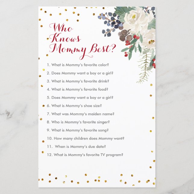 Winter Christmas Floral Who Knows Mommy Best Game (Front)