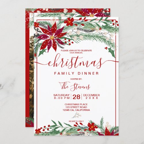 Winter Christmas floral wreath snow family photo Invitation