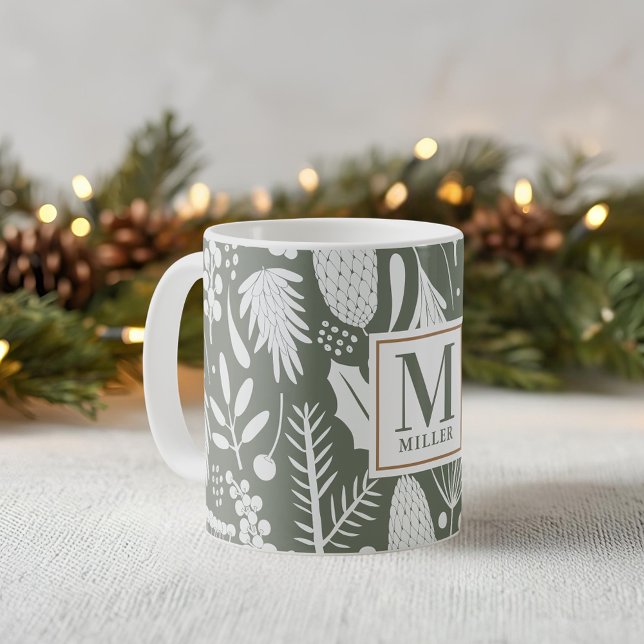 Winter Christmas Foliage Family Monogram Green Coffee Mug (Creator Uploaded)
