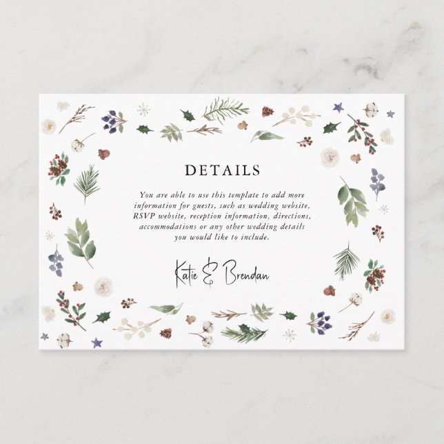 Winter Christmas Foliage Wedding Details Enclosure Card (Front)