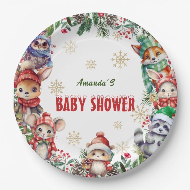 Winter Christmas Forest Animals Baby Shower Paper Plates (Front)