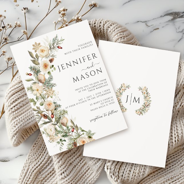 Winter Christmas Gold Green Floral Wreath Wedding Invitation (Creator Uploaded)