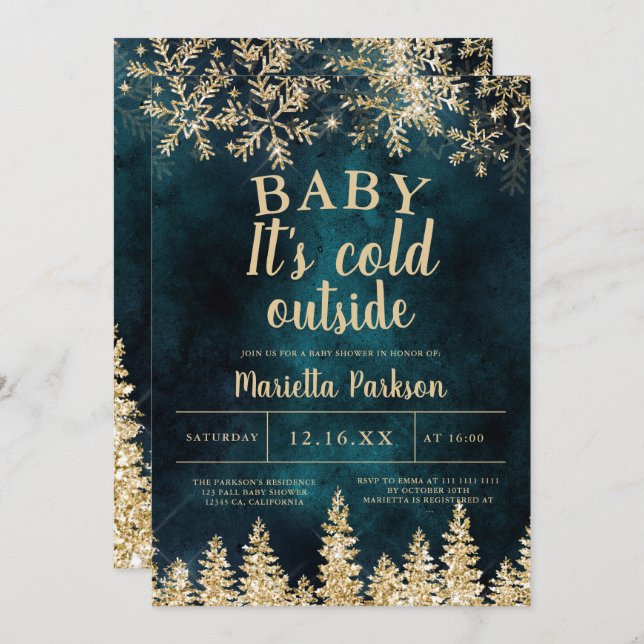 Winter Christmas gold snow pine baby shower Invitation (Front/Back)