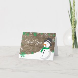 Winter Christmas Green Snowman Burlap Letterpress Thank You Card
