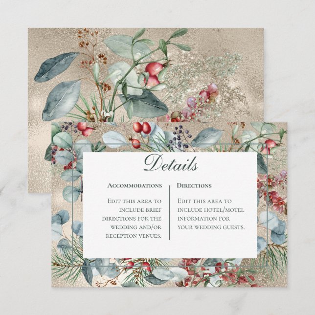 Winter Christmas Greenery Gold Details Wedding Enclosure Card (Front/Back)