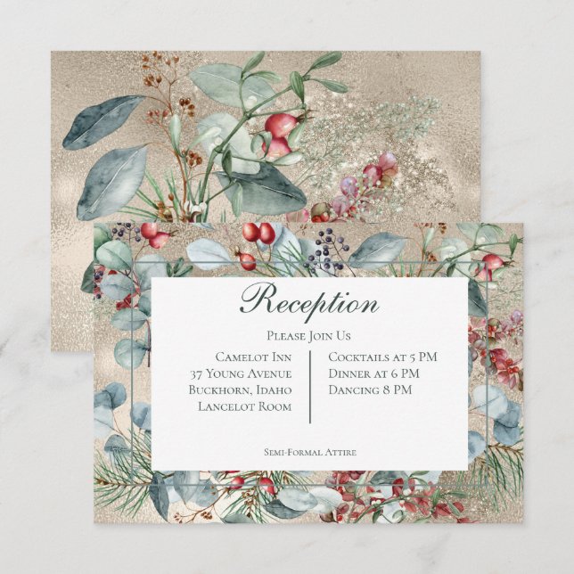 Winter Christmas Greenery Gold Reception Wedding Enclosure Card (Front/Back)