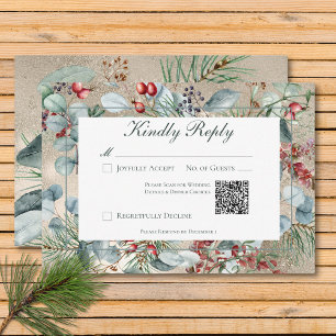 Winter Christmas Greenery Gold Wedding QR Code RSVP Card