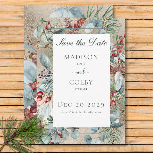 Winter Christmas Greenery Gold Wedding Save The Date