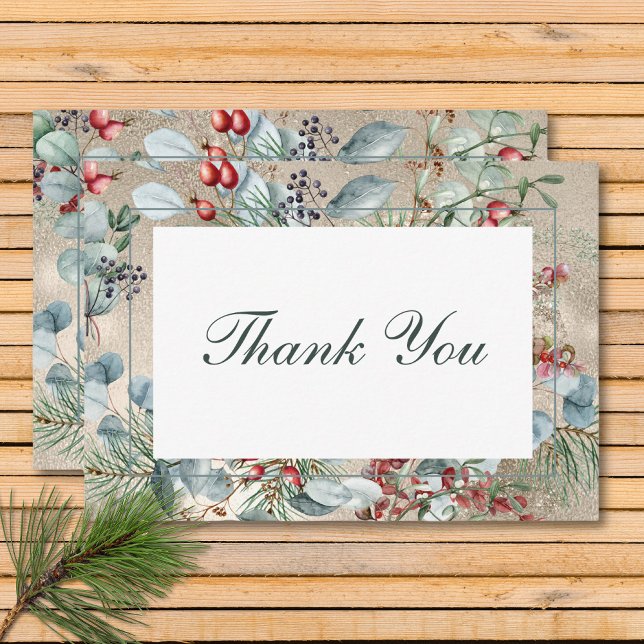 Winter Christmas Greenery Gold Wedding Thank You Card (Winter Christmas Greenery Gold Wedding Thank You Card)