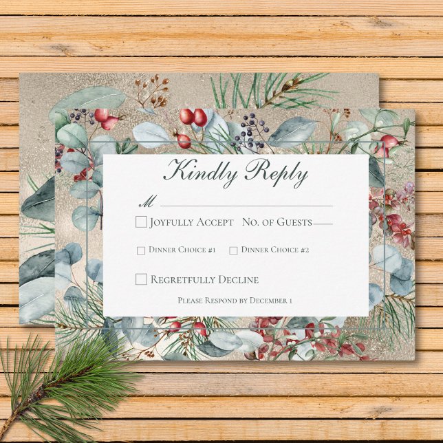 Winter Christmas Greenery Gold Wedding Two Dinner RSVP Card (Winter Christmas Greenery Gold Wedding Two Dinner RSVP Card)