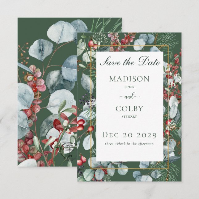 Winter Christmas Greenery Green Save the Date Card (Front/Back)
