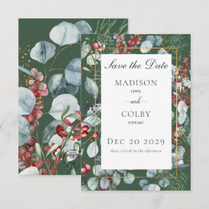 Winter Christmas Greenery Green Save the Date Card