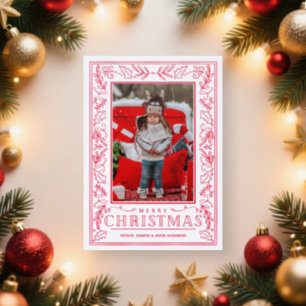 Winter Christmas Greenery Red Letterpress Photo Cards