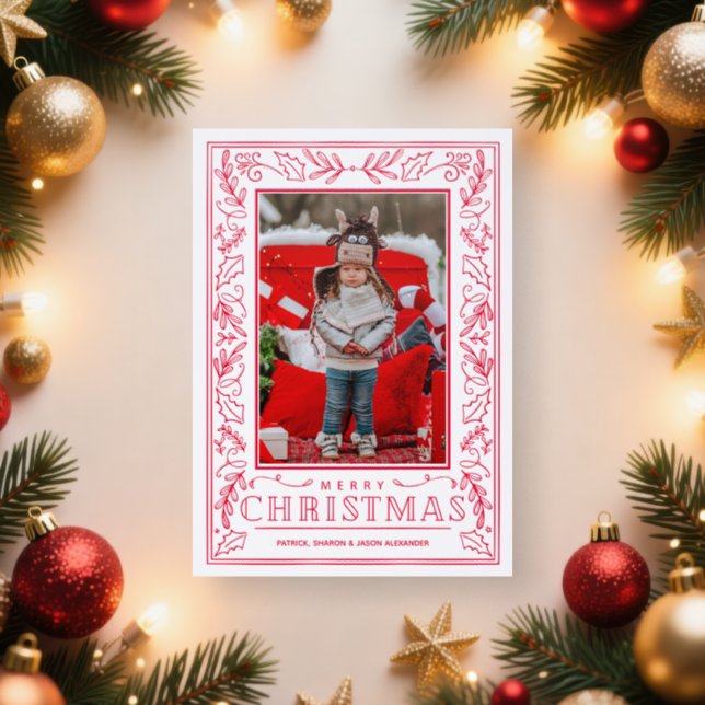 Winter Christmas Greenery Red Letterpress Photo Cards (Insitu)