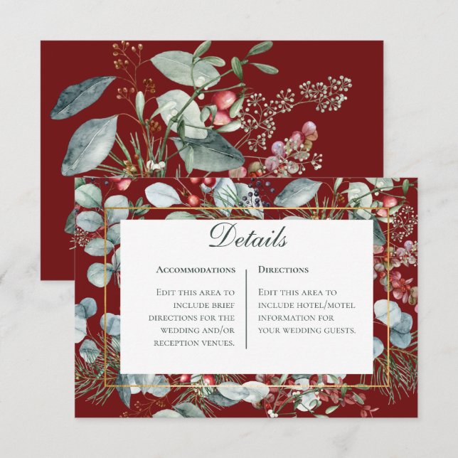 Winter Christmas Greenery Red Wedding Details  Enclosure Card (Front/Back)