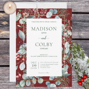 Winter Christmas Greenery Red Wedding Invitation