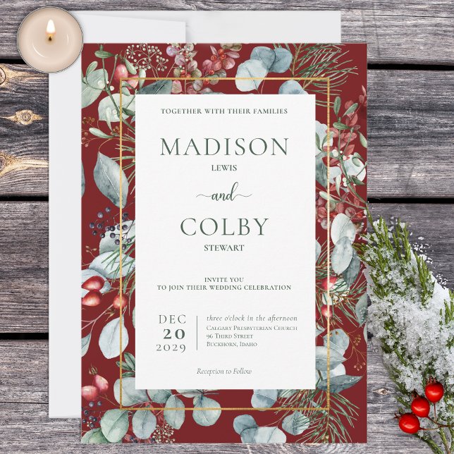 Winter Christmas Greenery Red Wedding Invitation (Creator Uploaded)