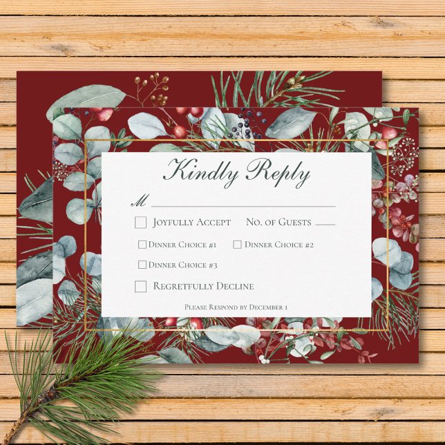 Winter Christmas Greenery Red Wedding Three Dinner RSVP Card (Winter Christmas Greenery Red Wedding Three Dinner RSVP Card)