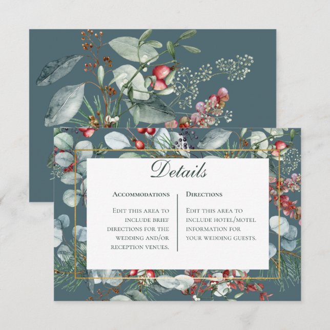 Winter Christmas Greenery Teal Details Wedding Enclosure Card (Front/Back)