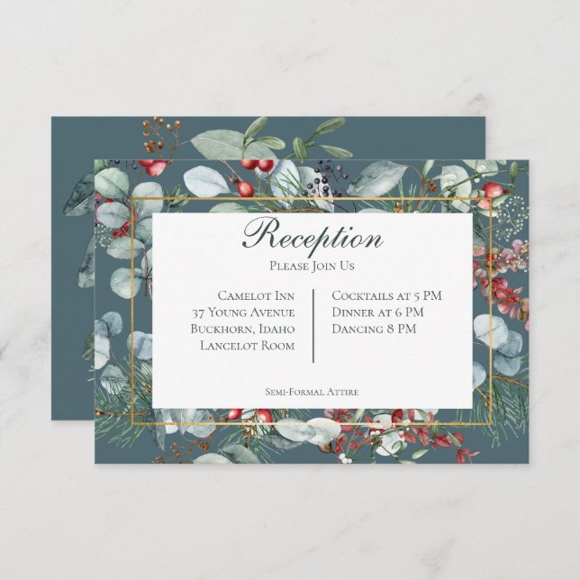 Winter Christmas Greenery Teal Reception  Enclosure Card (Front/Back)