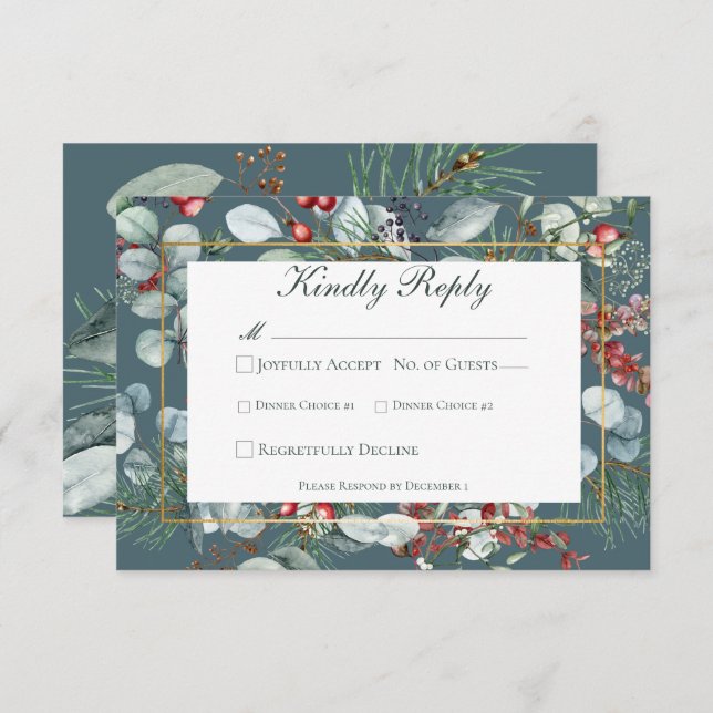 Winter Christmas Greenery Teal Wedding RSVP Card (Front/Back)