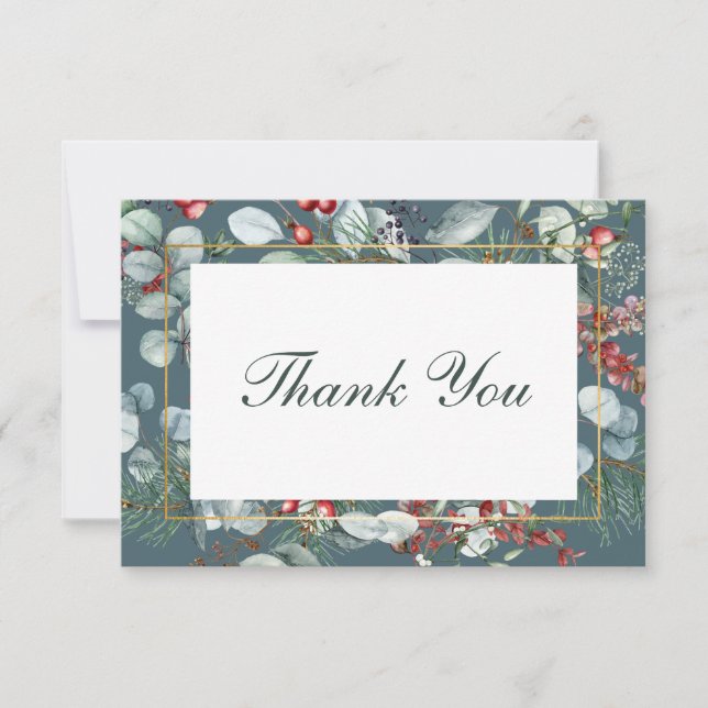 Winter Christmas Greenery Teal Wedding Thank You Card (Front)