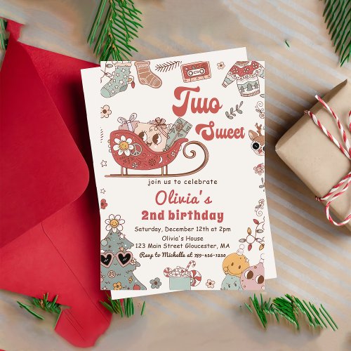 Winter Christmas Groovy Two Sweet 2nd Birthday  Invitation