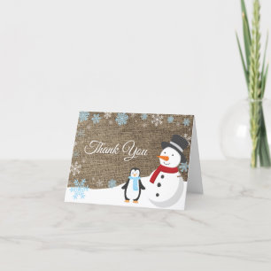 Winter Christmas Holiday Blue Snowflake Burlap Thank You Card