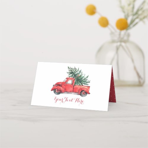 Winter Christmas Holiday Party Red Truck Pine Tree Place Card