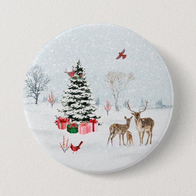 Winter Christmas Holiday Woodland Scene Button (Front)