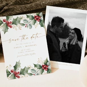 Winter Christmas Holly Wedding Save the Date Invitation